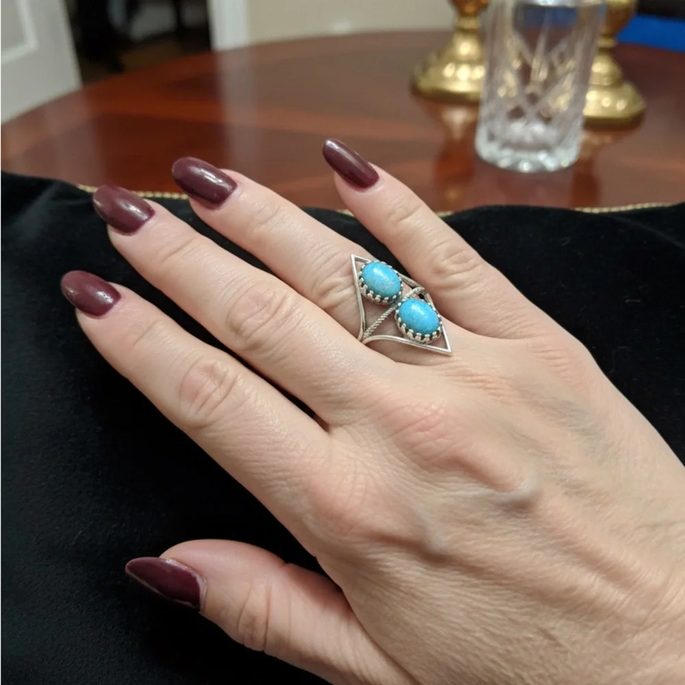 Sterling Silver Double genuine king man Turquoise Ring‎